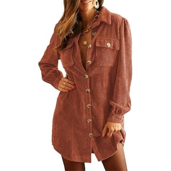 Women's Corduroy Long Sleeve Button-Down Tunic Dress with Pockets - Picture 7 of 7